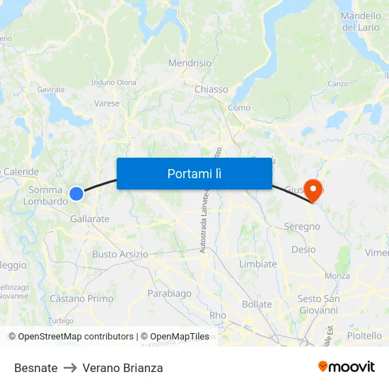 Besnate to Verano Brianza map