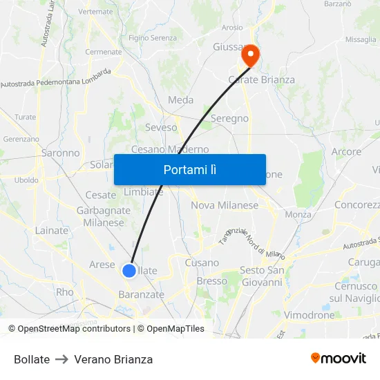 Bollate to Verano Brianza map