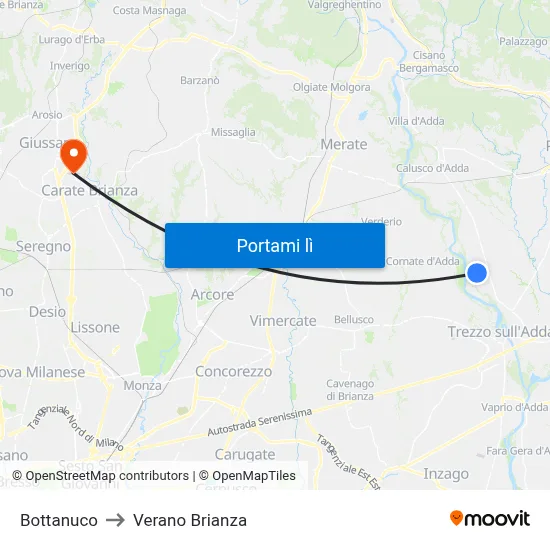 Bottanuco to Verano Brianza map