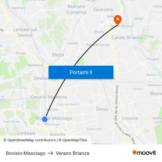 Bovisio-Masciago to Verano Brianza map