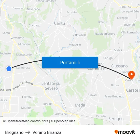 Bregnano to Verano Brianza map