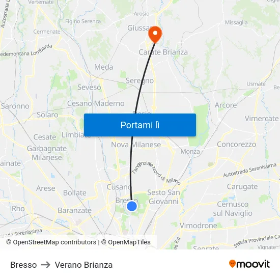 Bresso to Verano Brianza map