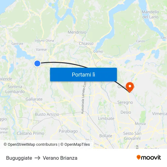 Buguggiate to Verano Brianza map