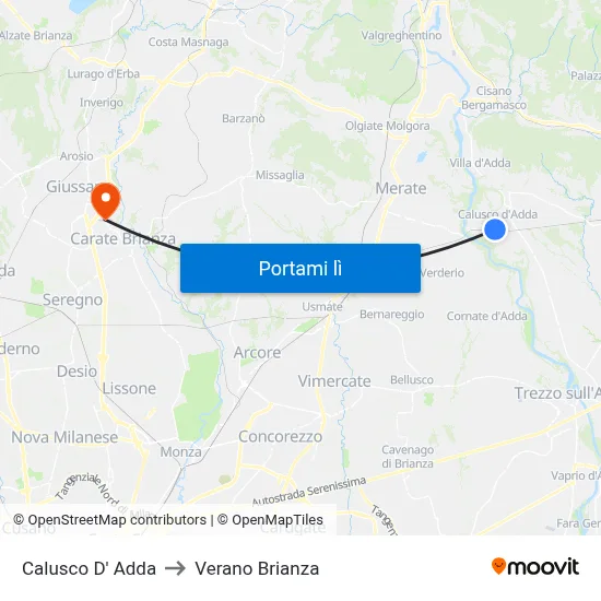 Calusco D' Adda to Verano Brianza map