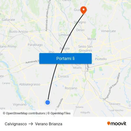 Calvignasco to Verano Brianza map