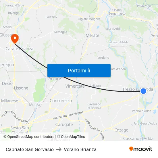 Capriate San Gervasio to Verano Brianza map