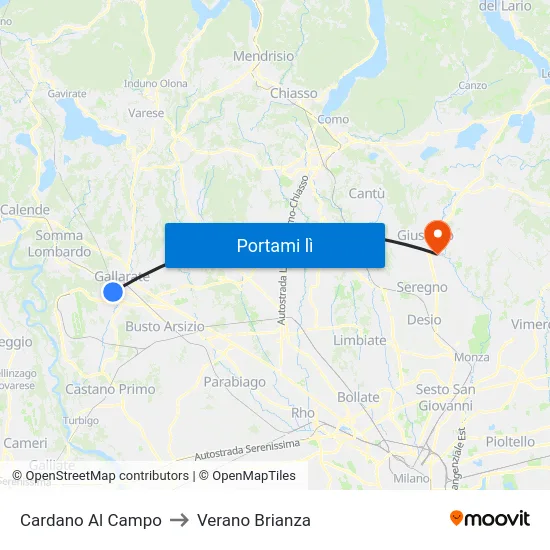 Cardano Al Campo to Verano Brianza map