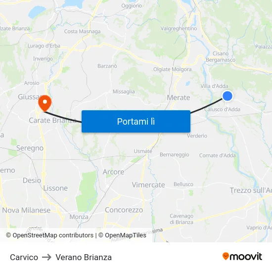 Carvico to Verano Brianza map