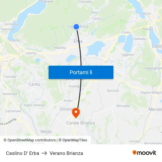 Caslino D' Erba to Verano Brianza map