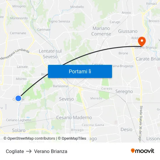 Cogliate to Verano Brianza map