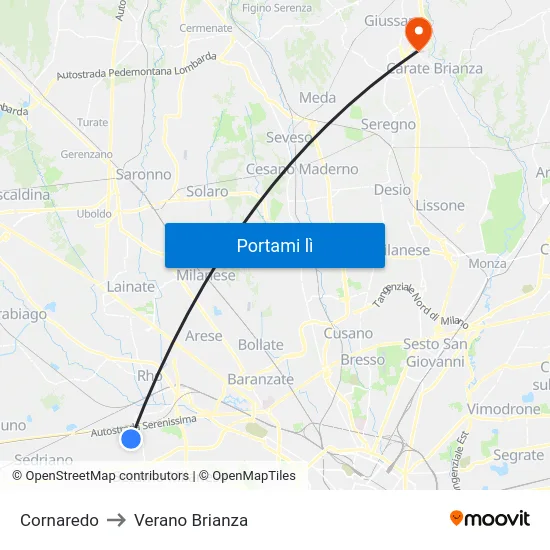 Cornaredo to Verano Brianza map