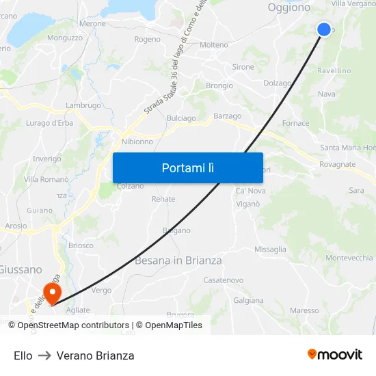 Ello to Verano Brianza map