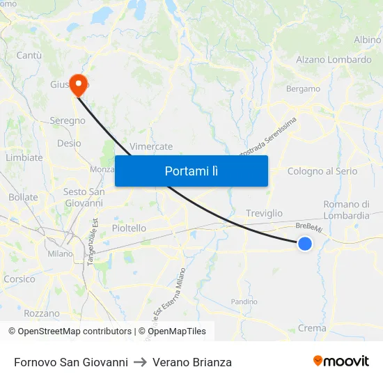 Fornovo San Giovanni to Verano Brianza map