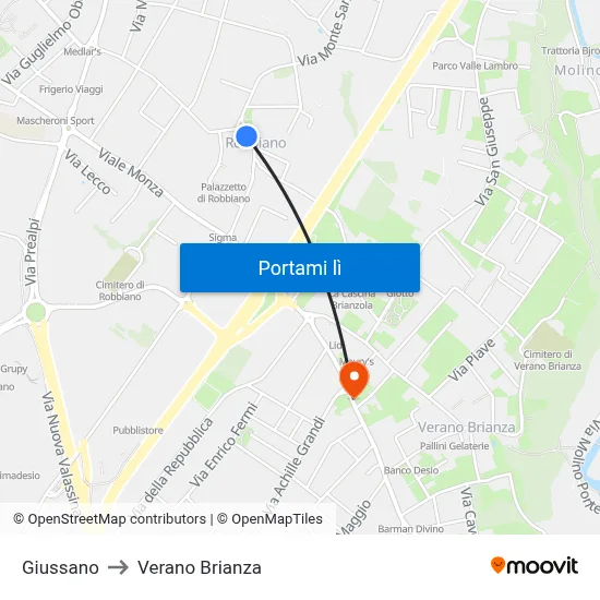 Giussano to Verano Brianza map