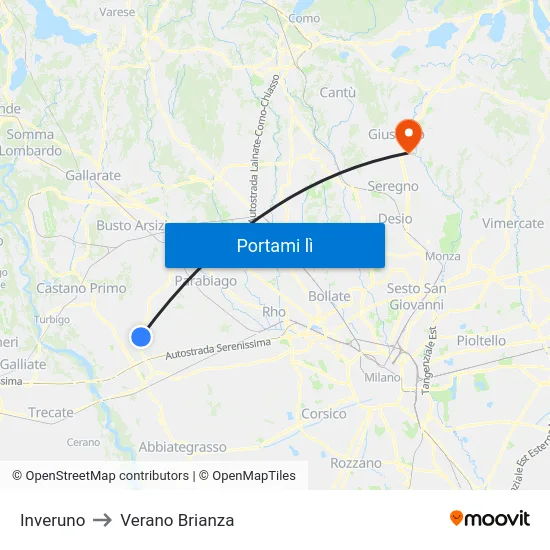 Inveruno to Verano Brianza map