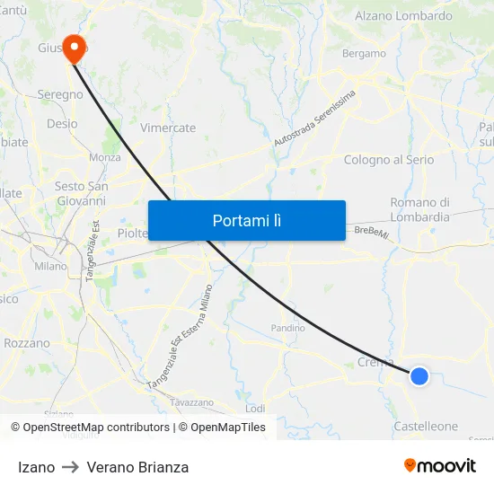 Izano to Verano Brianza map