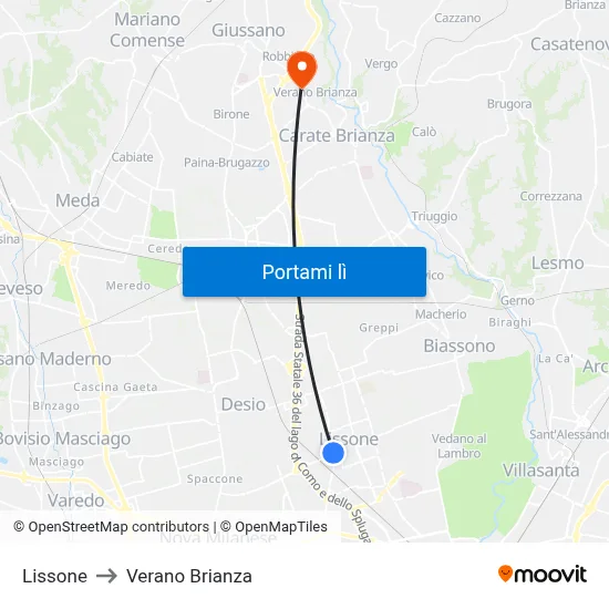 Lissone to Verano Brianza map