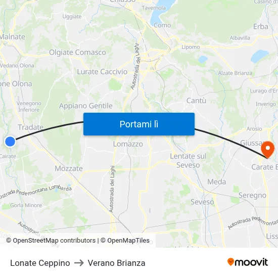 Lonate Ceppino to Verano Brianza map