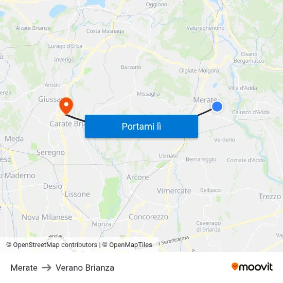 Merate to Verano Brianza map