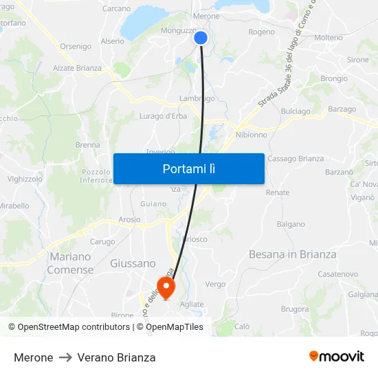 Merone to Verano Brianza map