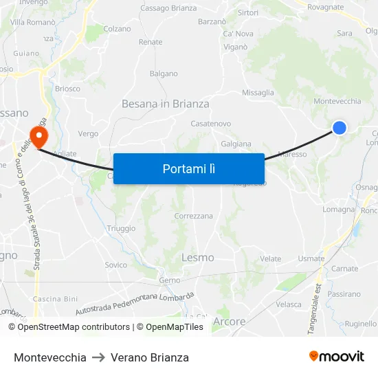 Montevecchia to Verano Brianza map