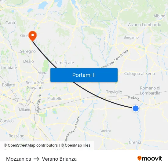 Mozzanica to Verano Brianza map