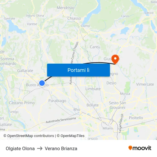 Olgiate Olona to Verano Brianza map