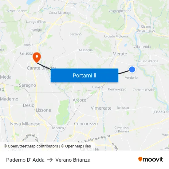 Paderno D' Adda to Verano Brianza map
