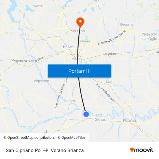 San Cipriano Po to Verano Brianza map