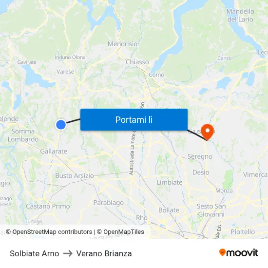 Solbiate Arno to Verano Brianza map