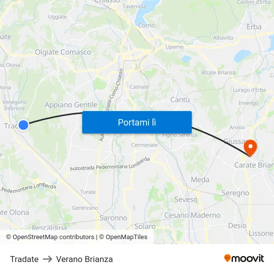 Tradate to Verano Brianza map