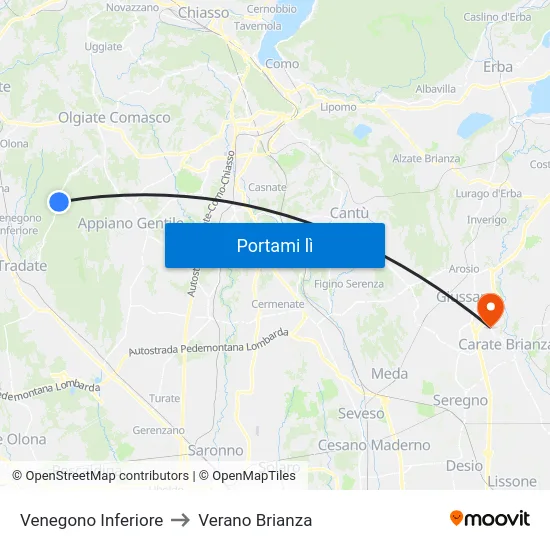 Venegono Inferiore to Verano Brianza map