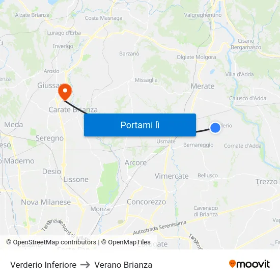 Verderio Inferiore to Verano Brianza map