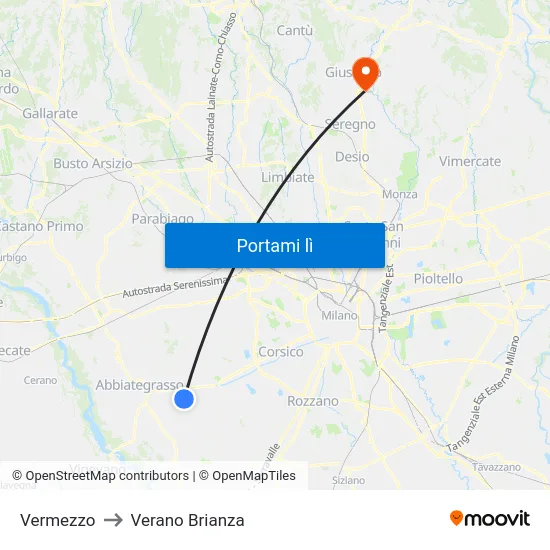 Vermezzo to Verano Brianza map