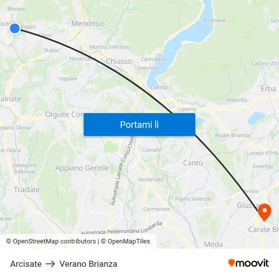 Arcisate to Verano Brianza map