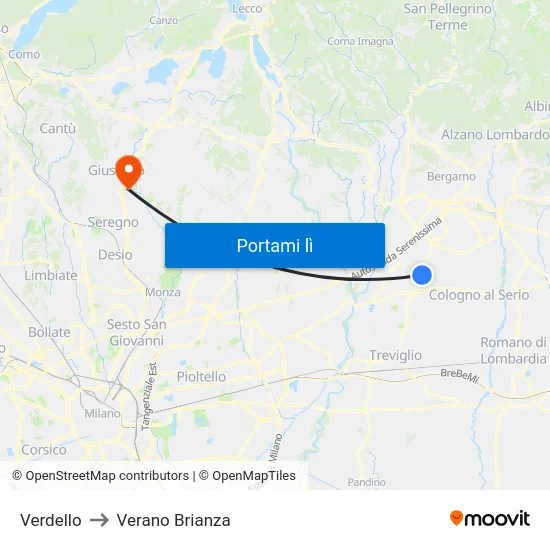 Verdello to Verano Brianza map
