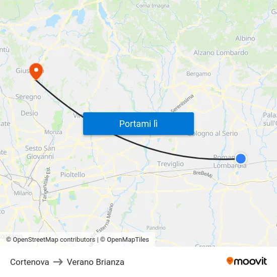 Cortenova to Verano Brianza map