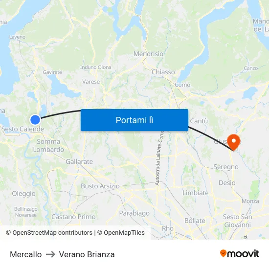 Mercallo to Verano Brianza map