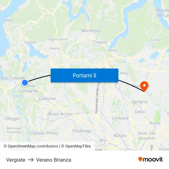 Vergiate to Verano Brianza map