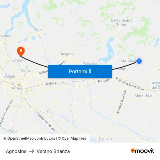 Agnosine to Verano Brianza map