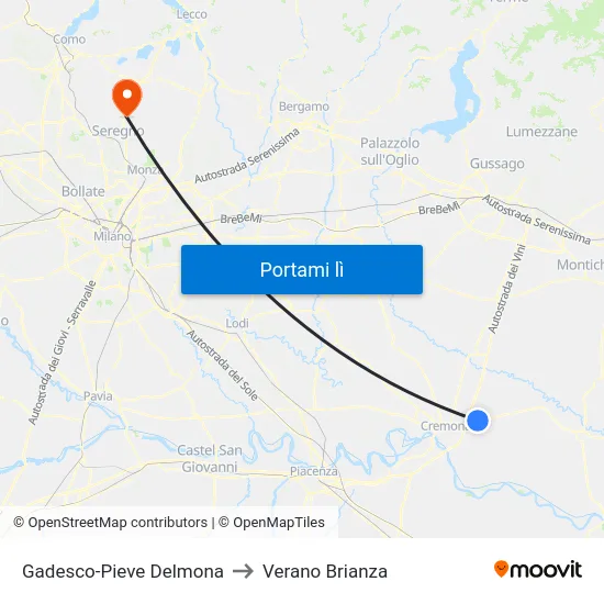 Gadesco-Pieve Delmona to Verano Brianza map