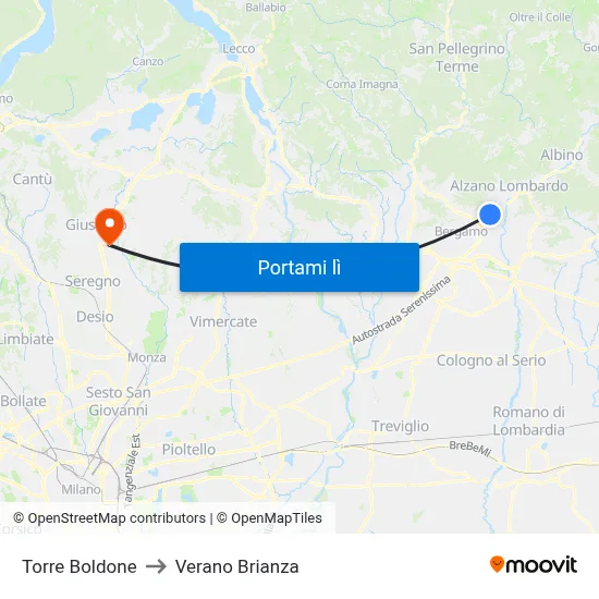 Torre Boldone to Verano Brianza map