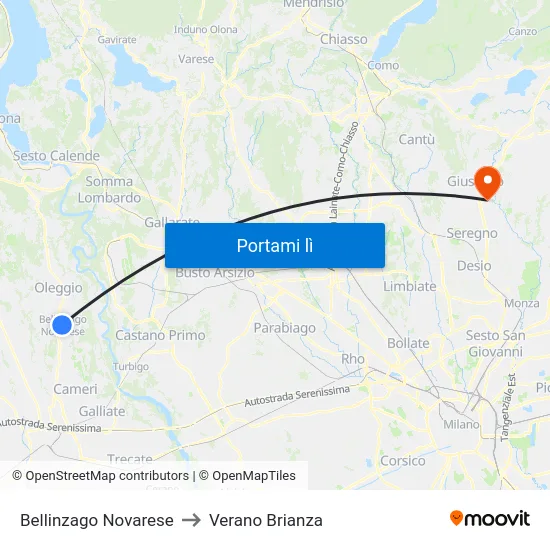 Bellinzago Novarese to Verano Brianza map