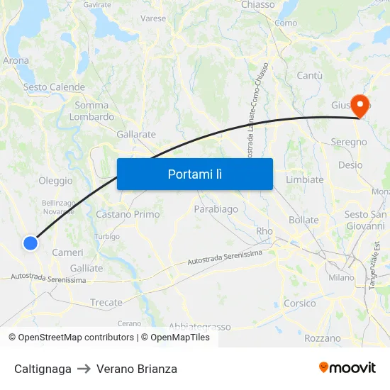 Caltignaga to Verano Brianza map