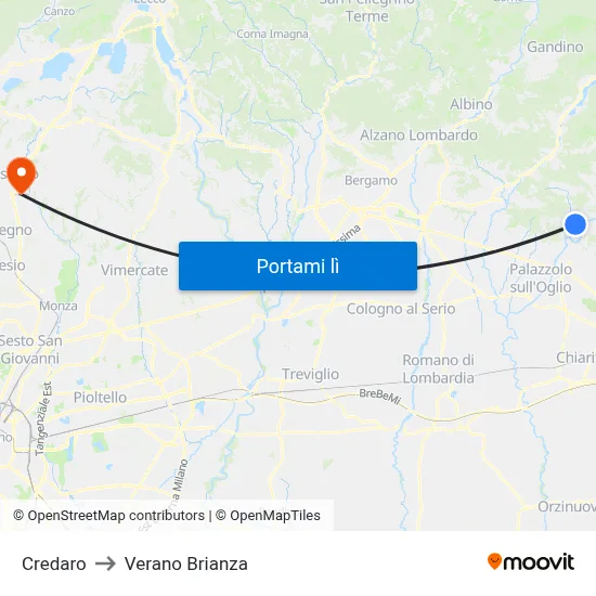 Credaro to Verano Brianza map