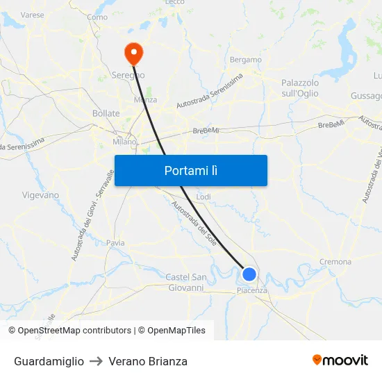 Guardamiglio to Verano Brianza map