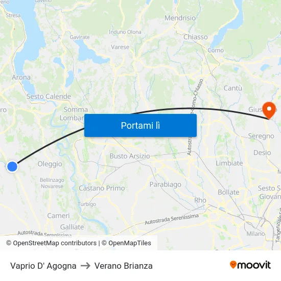 Vaprio D' Agogna to Verano Brianza map