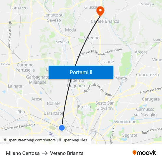 Milano Certosa to Verano Brianza map