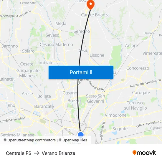 Centrale FS to Verano Brianza map