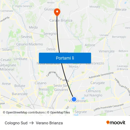 Cologno Sud to Verano Brianza map